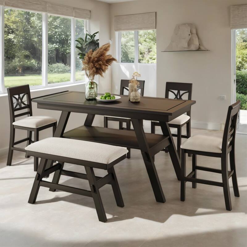 Wood Dining Table Set with Bench and 4 Chairs, 6-Piece, Counter Height
