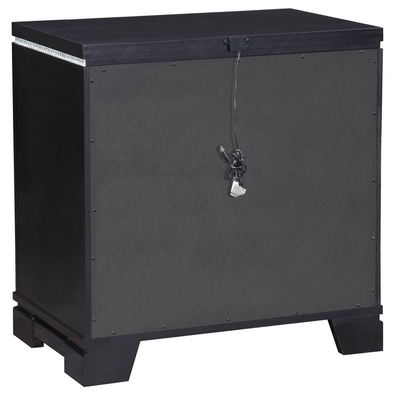 Glam Black 2-Drawer Nightstand with Mirrored Trim, Crystal Border, Felt Lined Drawer and USB Charging Ports