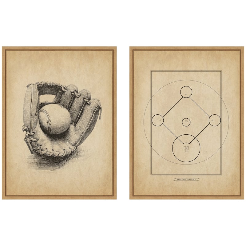 Kate and Laurel Antique Baseball 2 Piece Framed Canvas Wall Art Set by The Creative Bunch Studio - 2 Piece Set 18x24 - Natural