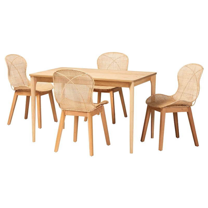 Sabelle Japandi Wood and Rattan Dining Set - Natural Brown - 5-Piece