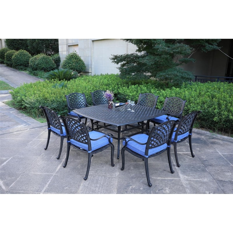 South Ponto 9-piece Aluminum Square Dining Set with Cushioned Arm Chairs by Havenside Home - Dark Lava Bronze/Navy Blue