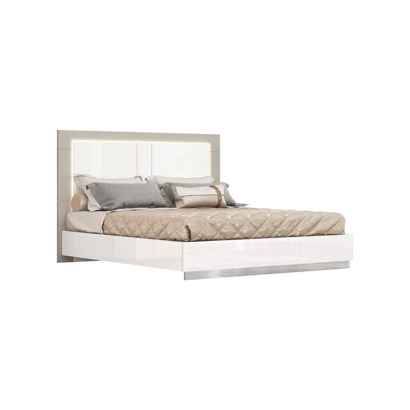 King Size Bed Frame - Rustic Romance Design, White & Taupe Finish, Stainless Steel Legs