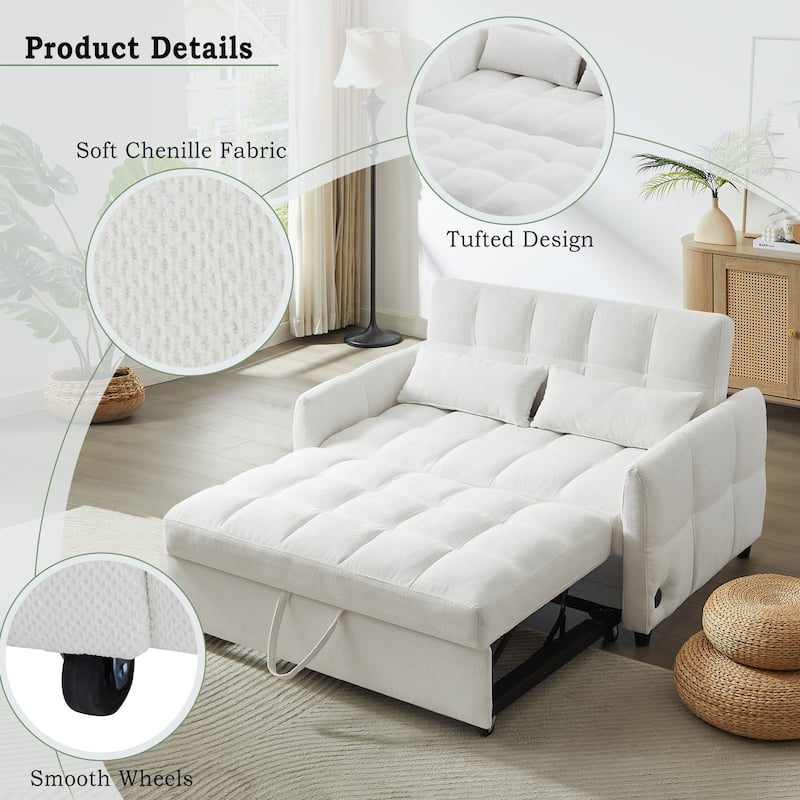 Chenille Loveseat Sofa Pull-out Sofa Bed, Upholstered Futon Sofa Adjustable Backrest Lounge Couch w3 USB Ports & 2 Pillows