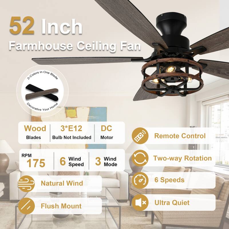 Cusp Barn 52-In Farmhouse Black Caged Ceiling Fan with Lights and Remote Control, Low Profile Flush Mount Chandelier Ceiling Fan