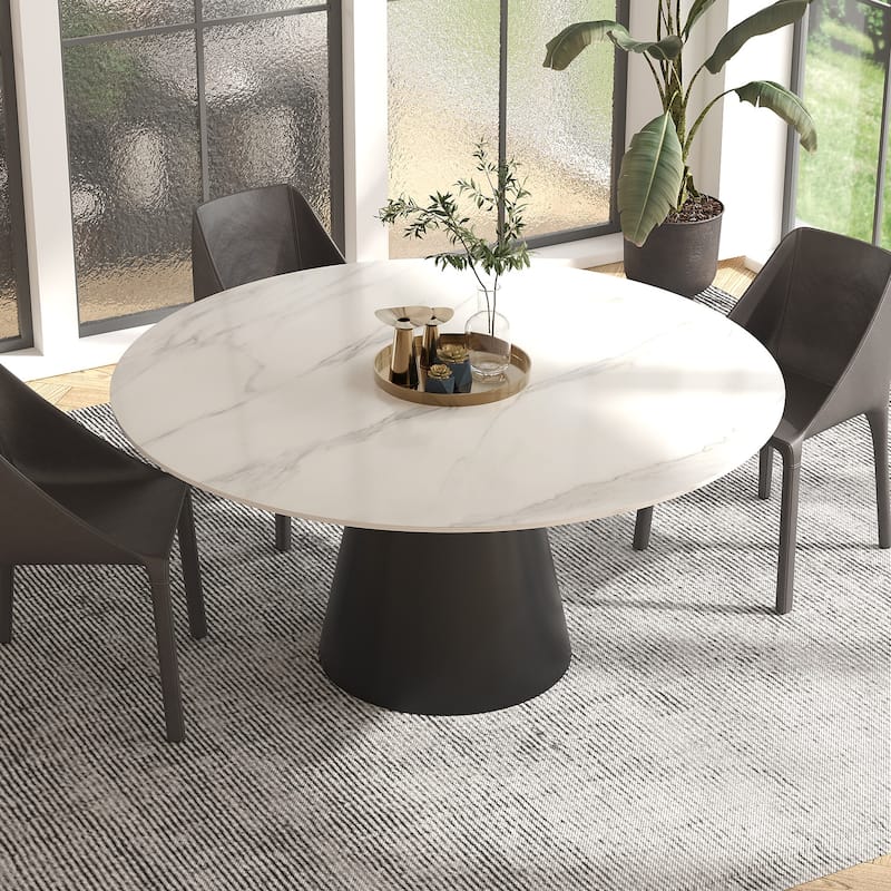 Modern Round Rock Slabs Black Titanium Stainless Steel Pedestal Dining Table