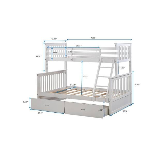 dimension image slide 2 of 3, Twin Over Full Bunk Bed with Storage Drawers, Wooden Bunk Bed with Ladder and Safety Guard Rails