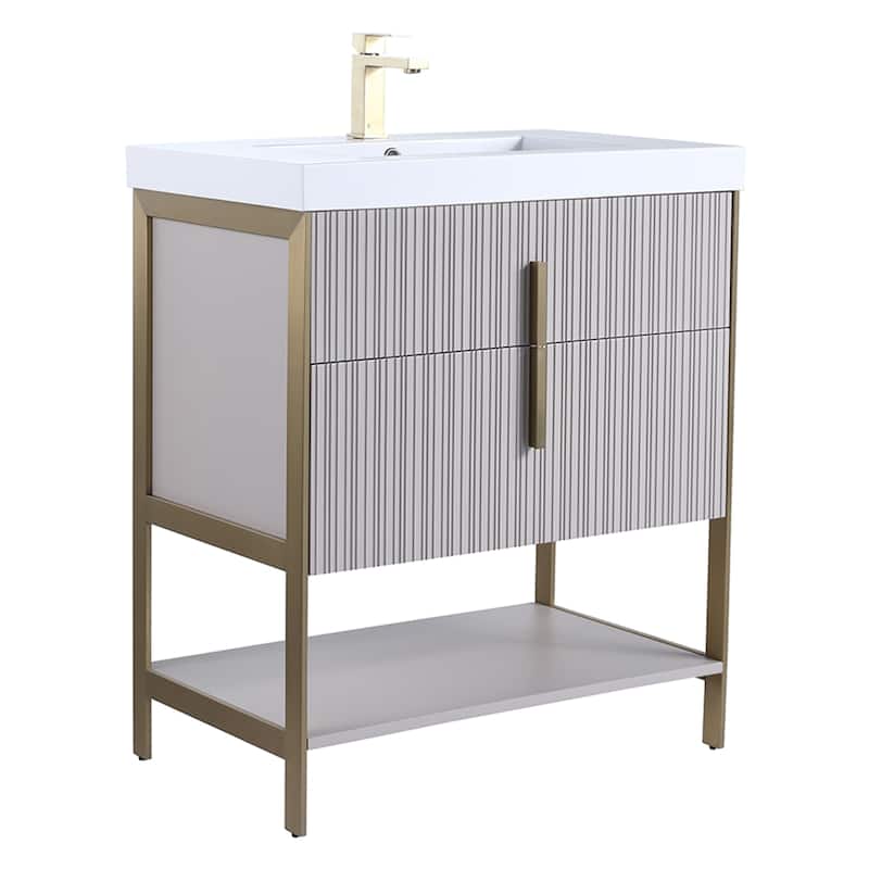 Fine Fixtures Serenity Modern Bathroom Vanity with White Gel Acrylic Top - Bright Taupe - Brass Hardware - 30 inch
