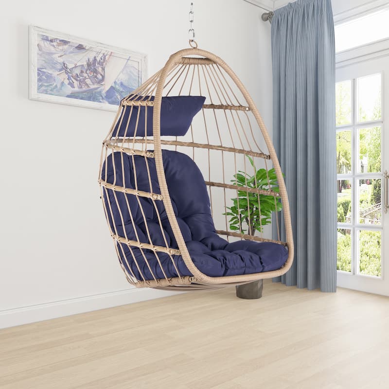 Outdoor Garden Rattan Egg Swing Chair, Hanging Chair Wood with Waterproof Cushions, Galvanized Steel Frame for Patio, Garden