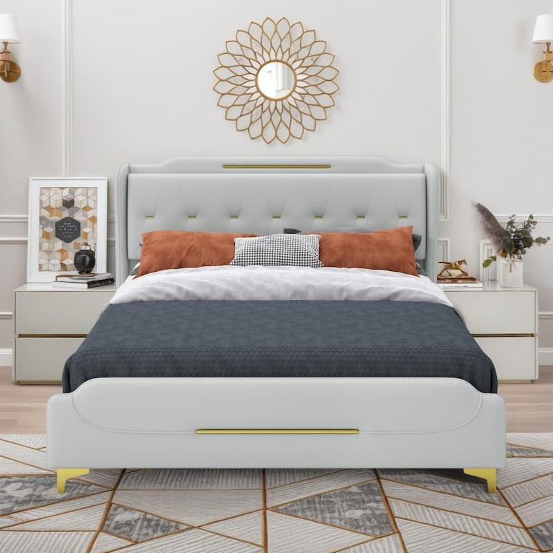 Queen Size PU Leather Platform Bed with Wingback Headboard, Footboard, and Solid Wood Slats - Grey