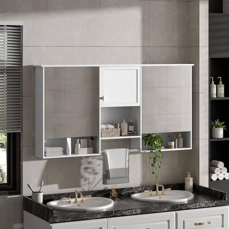 55" Wall-Mount 3-in-1 Mirror Cabinet with Adjustable Shelf, Soft-Closing Hinges, High-Quality MDF, for Bathroom Vanity