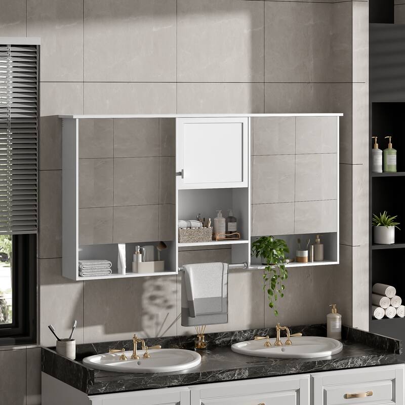 55 Inch 3-in-1 Wall-Mount Mirror Cabinet - Adjustable Shelf & Soft-Closing Hinges, MDF for Bathroom & Living Room