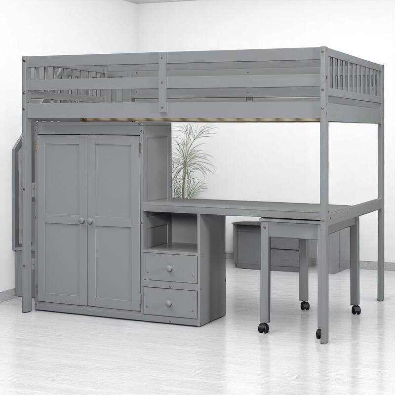 Twin/Full Size Loft Bed with Desk, Wardrobe, Drawers & Stairs, Wood Frame Study Bed with Storage for Kids/Teens