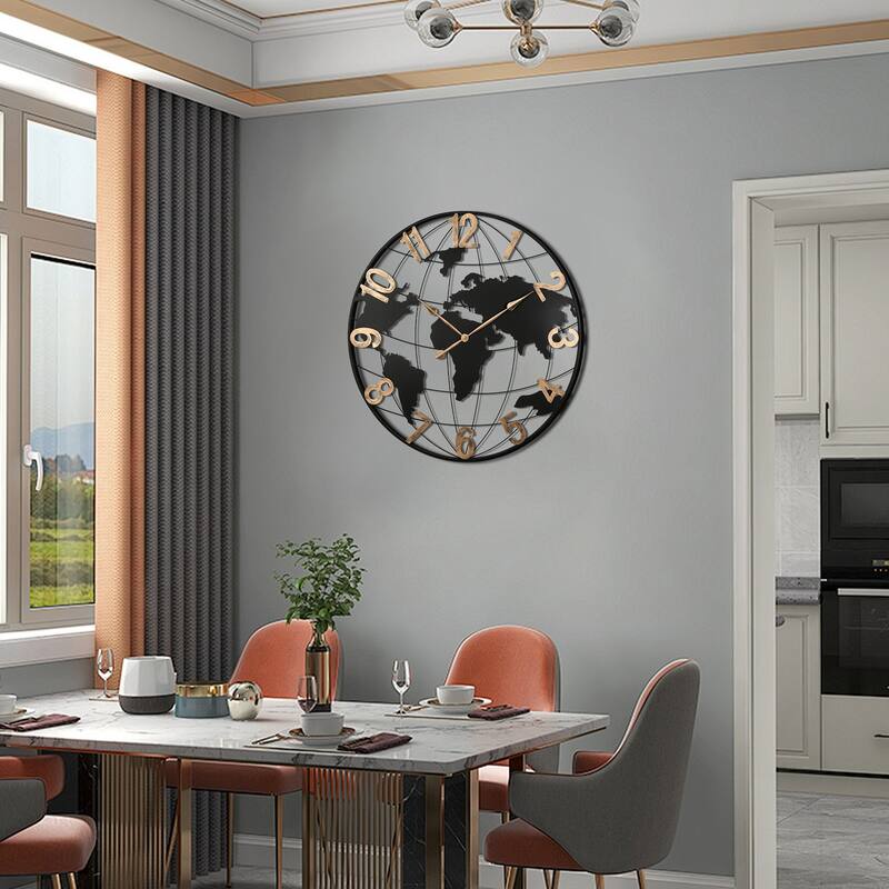 36 in Large Black Metal Modern Silent World Map Wall Clock - 35.5 in