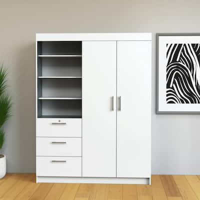HomeRoots 79" White Wood Two Door Three Drawer Combo Dresser