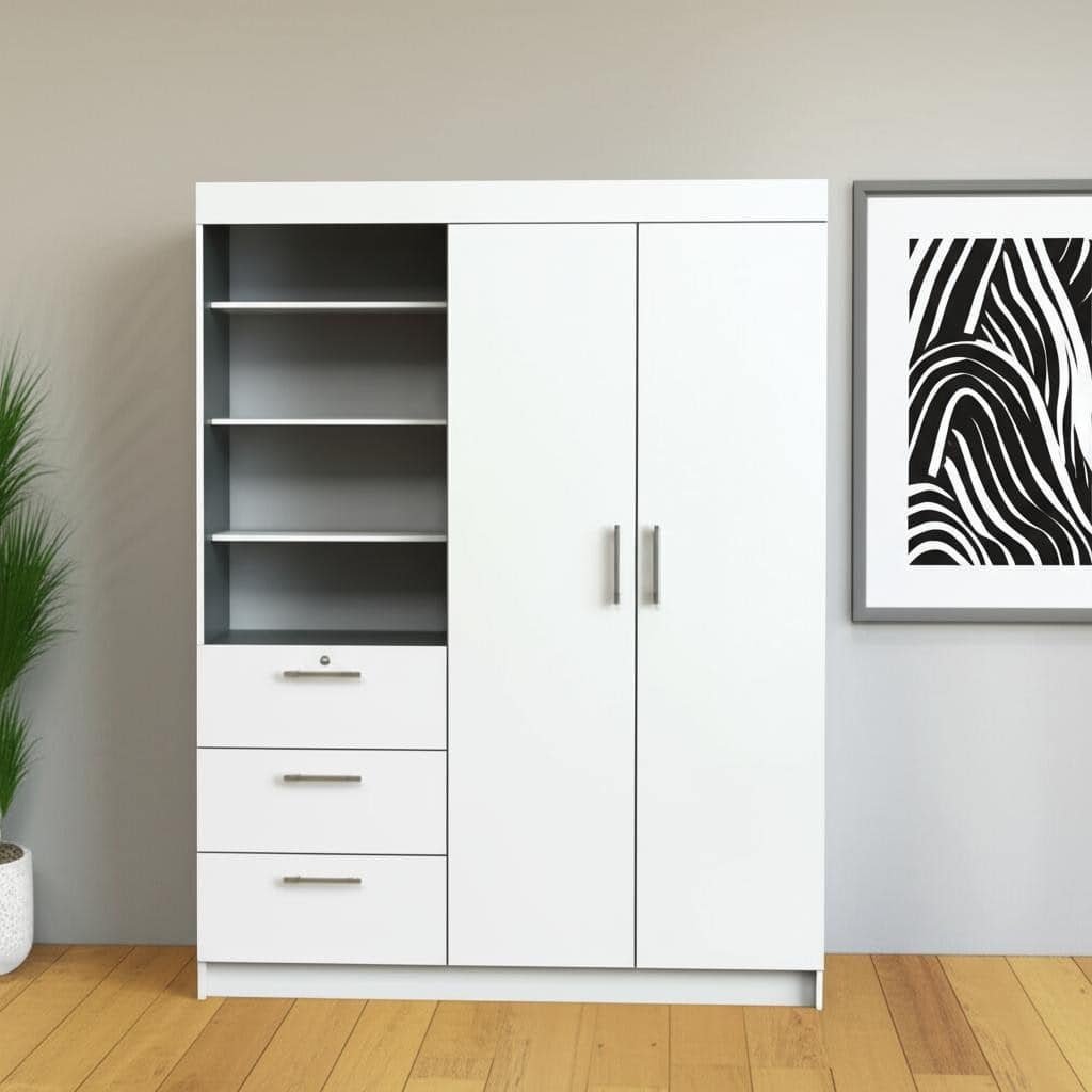 HomeRoots 79" White Wood Two Door Three Drawer Combo Dresser