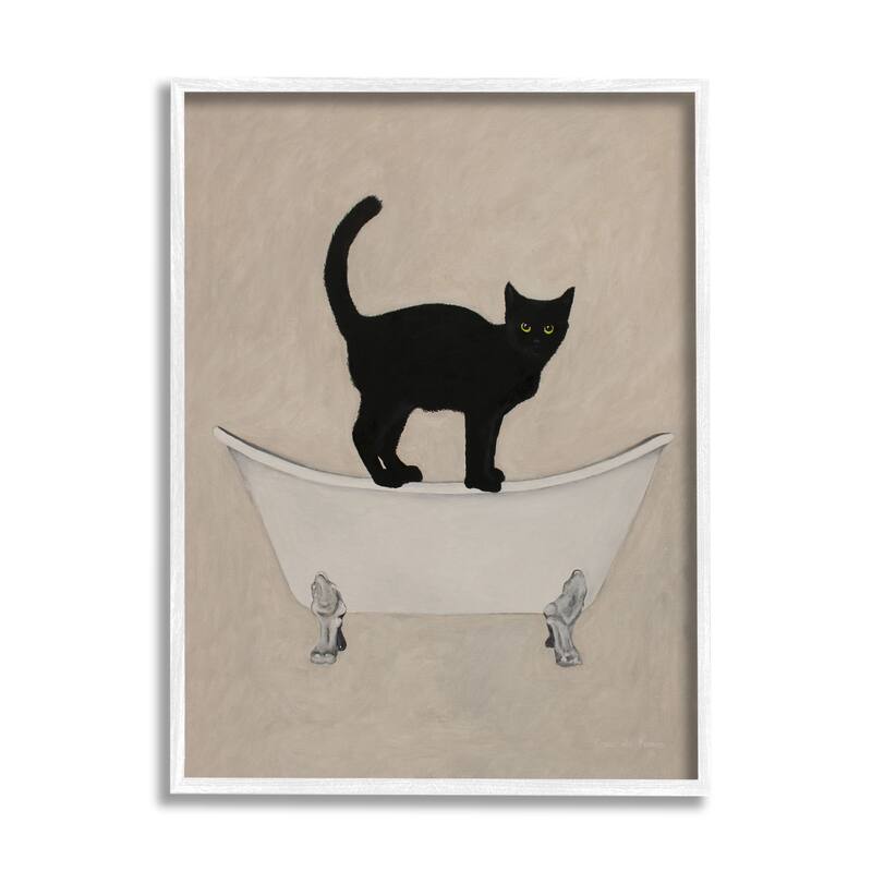 Stupell Black Cat Simple Claw Foot Bathtub Bathroom Painting Framed Wall Art - 16 x 20 - White