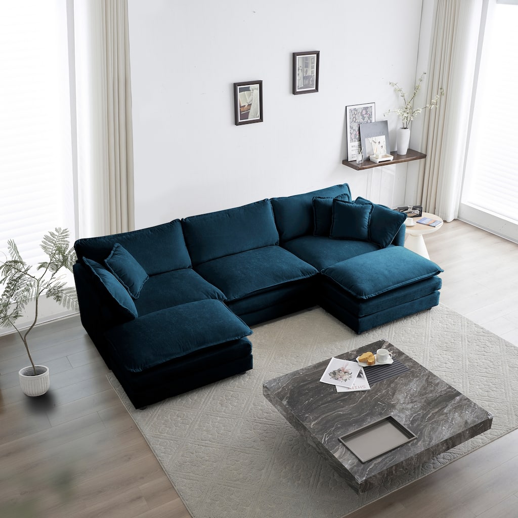 Modern U Shaped Sectional Sofa Set with Chenille Upholstery and Thick Cushions for Living Room and Guest Room
