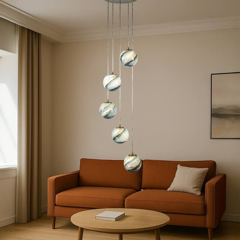 12'' 5-Light Modern Glazed Glass Globe Staircase Chandelier Coastal Handcrafted Glass Pendant In Matte Black - W12''