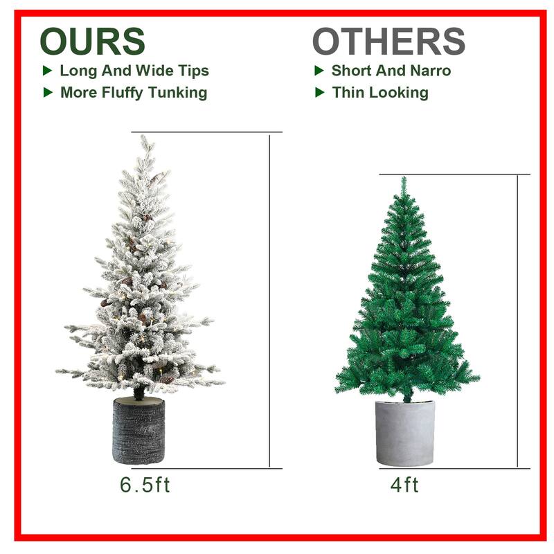 Pre-Lit Flocked Tabletop Tree - Warm White LED Lights, PE+PVC Branches, Pine Cones, Pot Base - White+Green