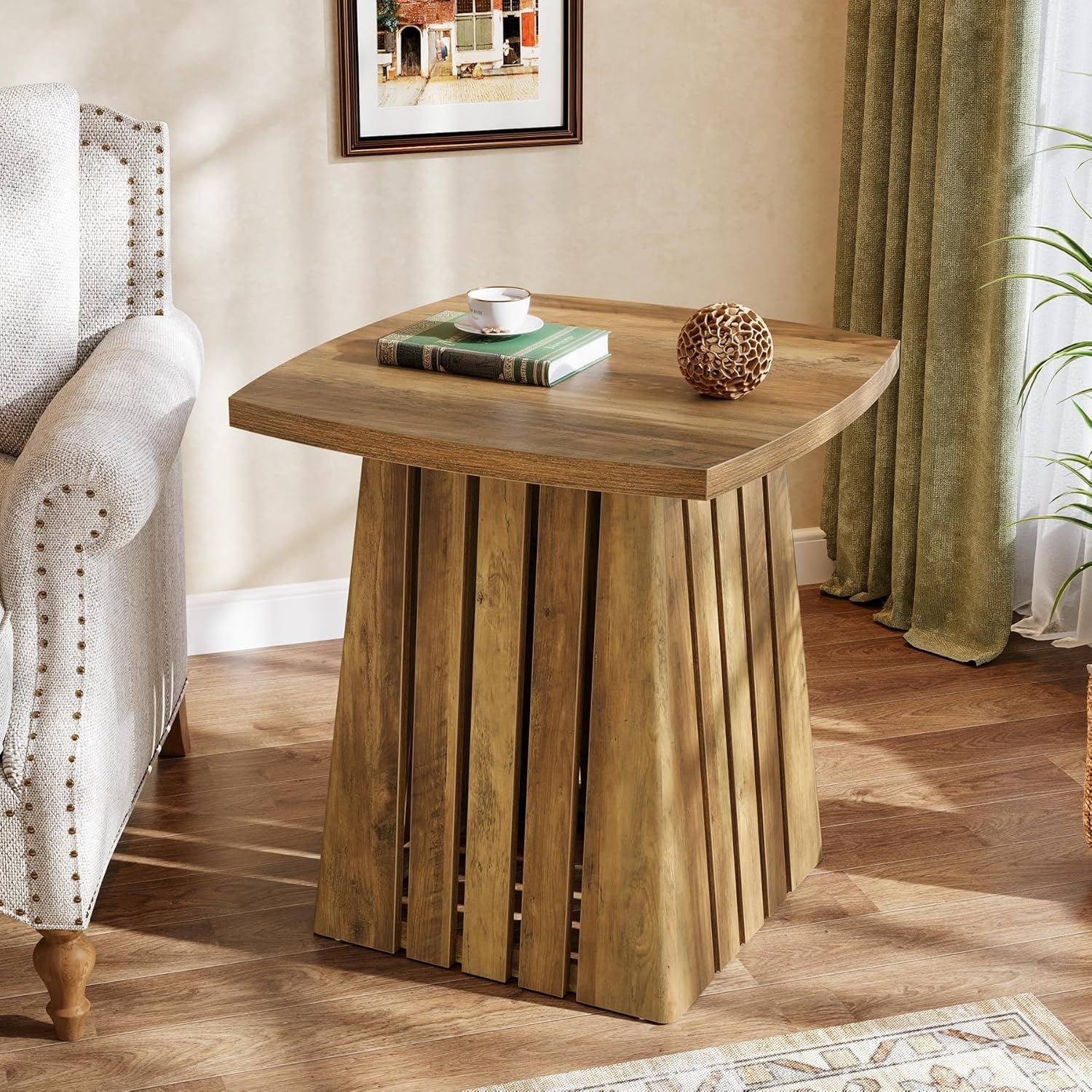 22" Brown Wooden Side Table with Sturdy Top, Farmhouse End Table for Living Room