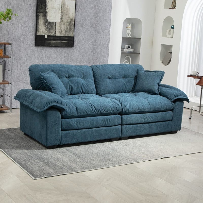 84" Chenille Loveseat Sofa with Memory Foam&Pocket Springs, Deep Seat Couch with 2 Throw Pillows - Blue