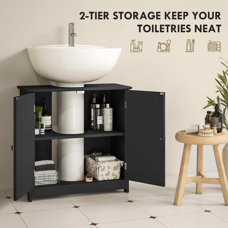kleankin 23.5" Pedestal Sink Storage Cabinet, Freestanding Bathroom Under Sink Cabinet with U-Shape Cut-Out, Black