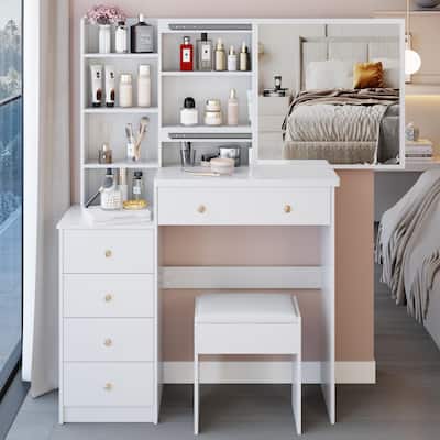 37" Middle Size Left Bedside Cabinet Vanity Table +Cushioned Stool,Extra Large Sliding Mirror,Multi Layer High Capacity Storage