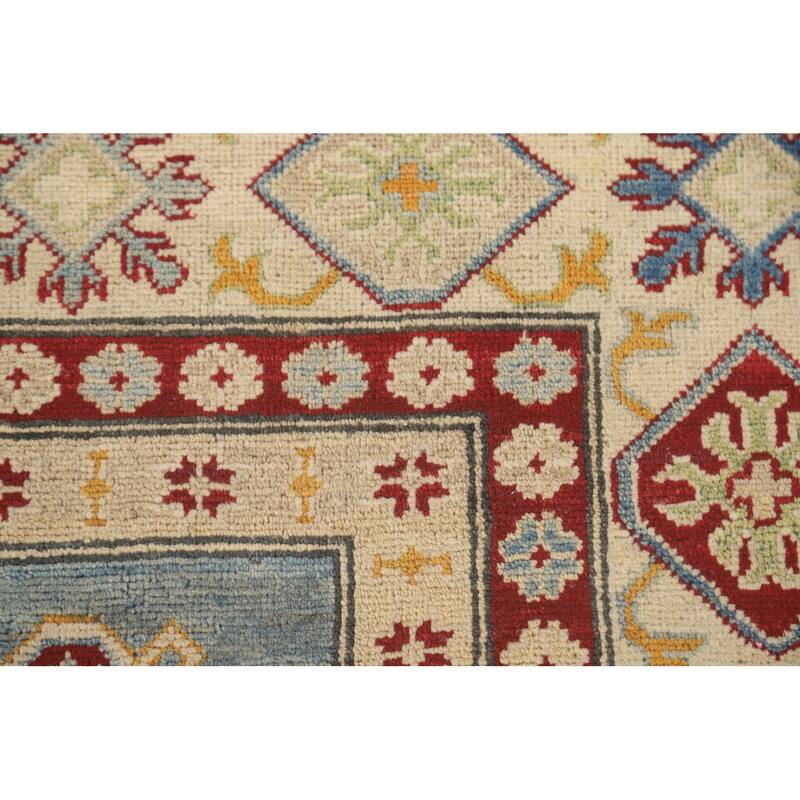 Geometric Kazak Area Rug Handmade Oriental Blue Wool Carpet - 6'7" x 9'10"
