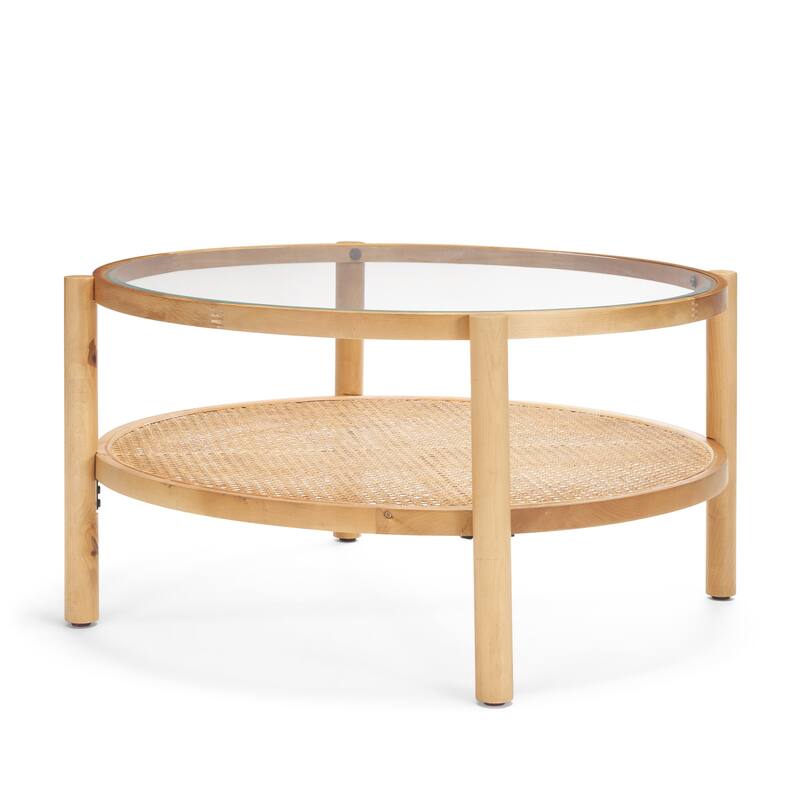 HomeRoots 34" Clear and Natural Glass and Solid Wood Round Coffee Table With Shelf - 34.25' X '17.25' X '34.25