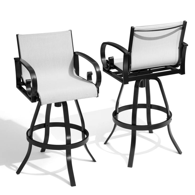 VredHom Outdoor Patio Bar Stools Swivel Bar Chair Sunbrella Textilene Sling - 20.1 in W x 44.3 in H - AUGUSTINE OYSTER - Set of 2