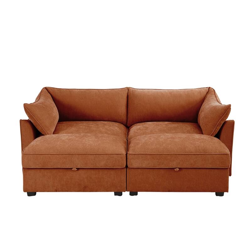 2-Seater Loveseat with 2 Movable Ottoman & Pull out Storage Drawer Under