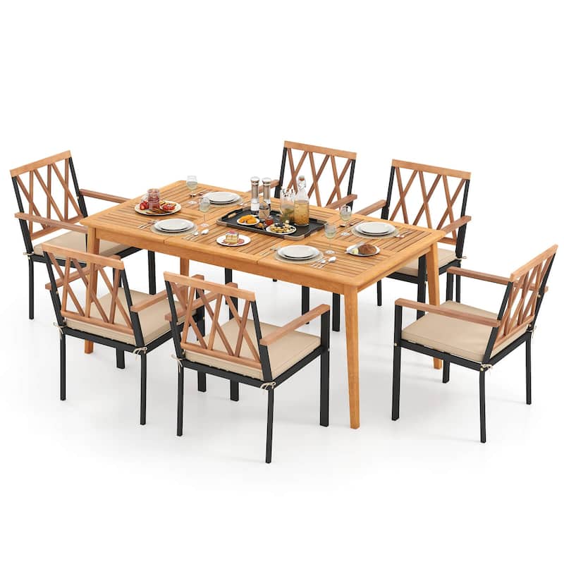 Costway 7 PCS Patio Acacia Wood Dining Set with Soft Seat Cushions