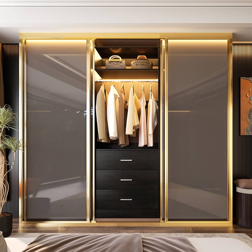 Kyrvo Freestanding Closet System with 3 Wooden Drawers and Hanging Rod and Storage Shelf, Walk-in Closet Organizer Wardrobe