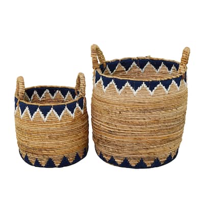 Banana Leaf Handmade Triangle Details Storage Basket with Handles - Set of 2 Brown - Roche River Decor - 16"W x 17"L x 19"H