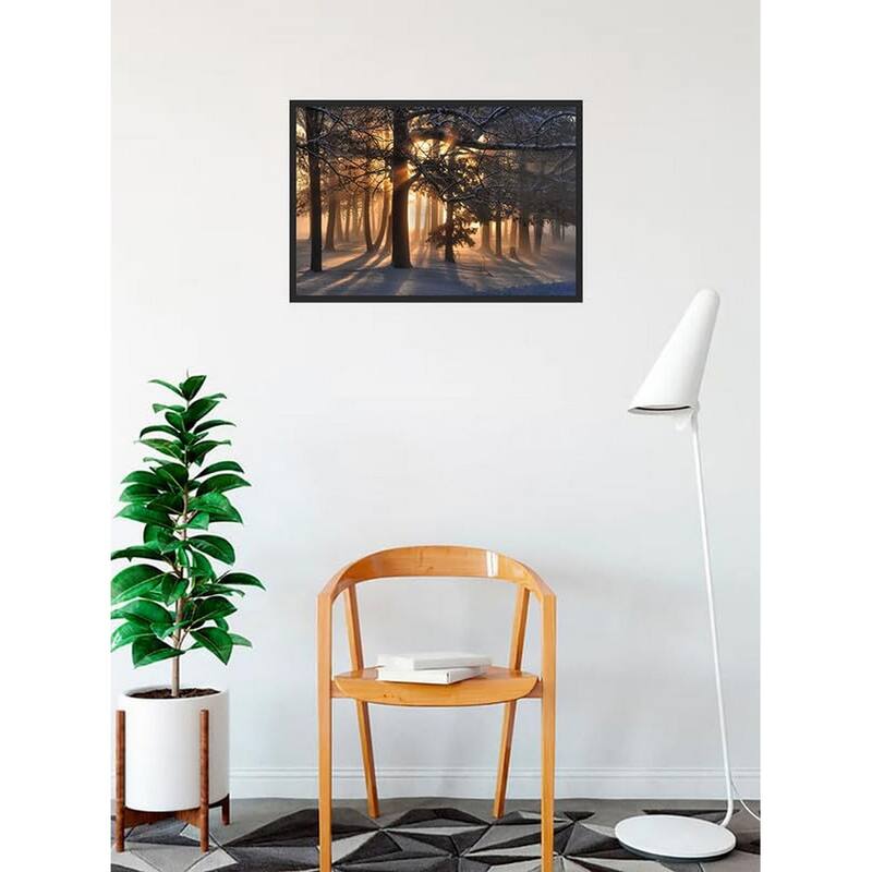 Sunrise in a Snowy Forrest Photography by Wayne Collamore Framed Poster - 18 x 24 Inch