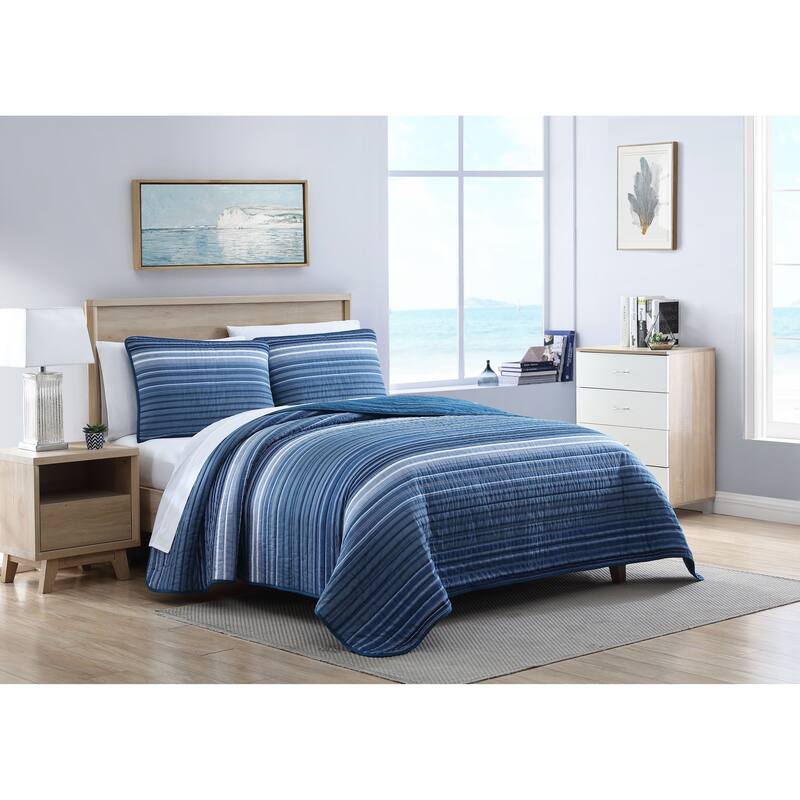 Nautica Coveside Seascape Stripe With Solid Reverse Cotton Quilt (Blue, 3 Piece Set)