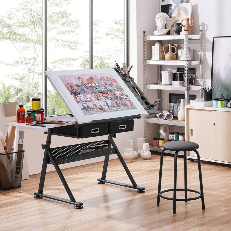 Yaheetech Drawing Table/Stool Set for Professional Art Work with Adjustable Table Angles - White