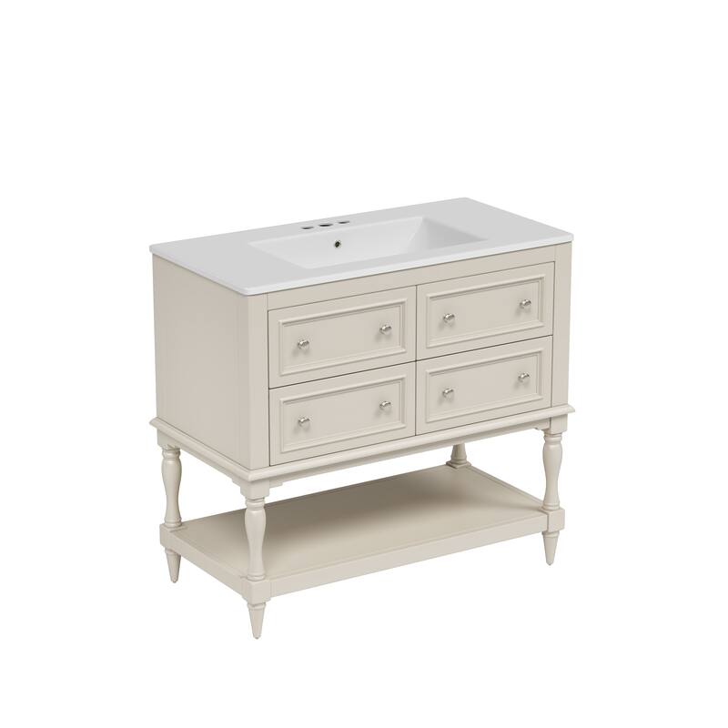 Bathroom Vanity with Ceramic Sink, Solid Wood Vanity Set with 4 Drawers, Bathroom Storage Cabinet with Open Shelf