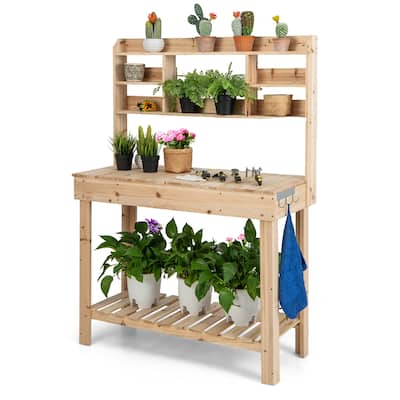 Costway Potting Bench Table Wooden Garden Work Bench Platform with - See Details