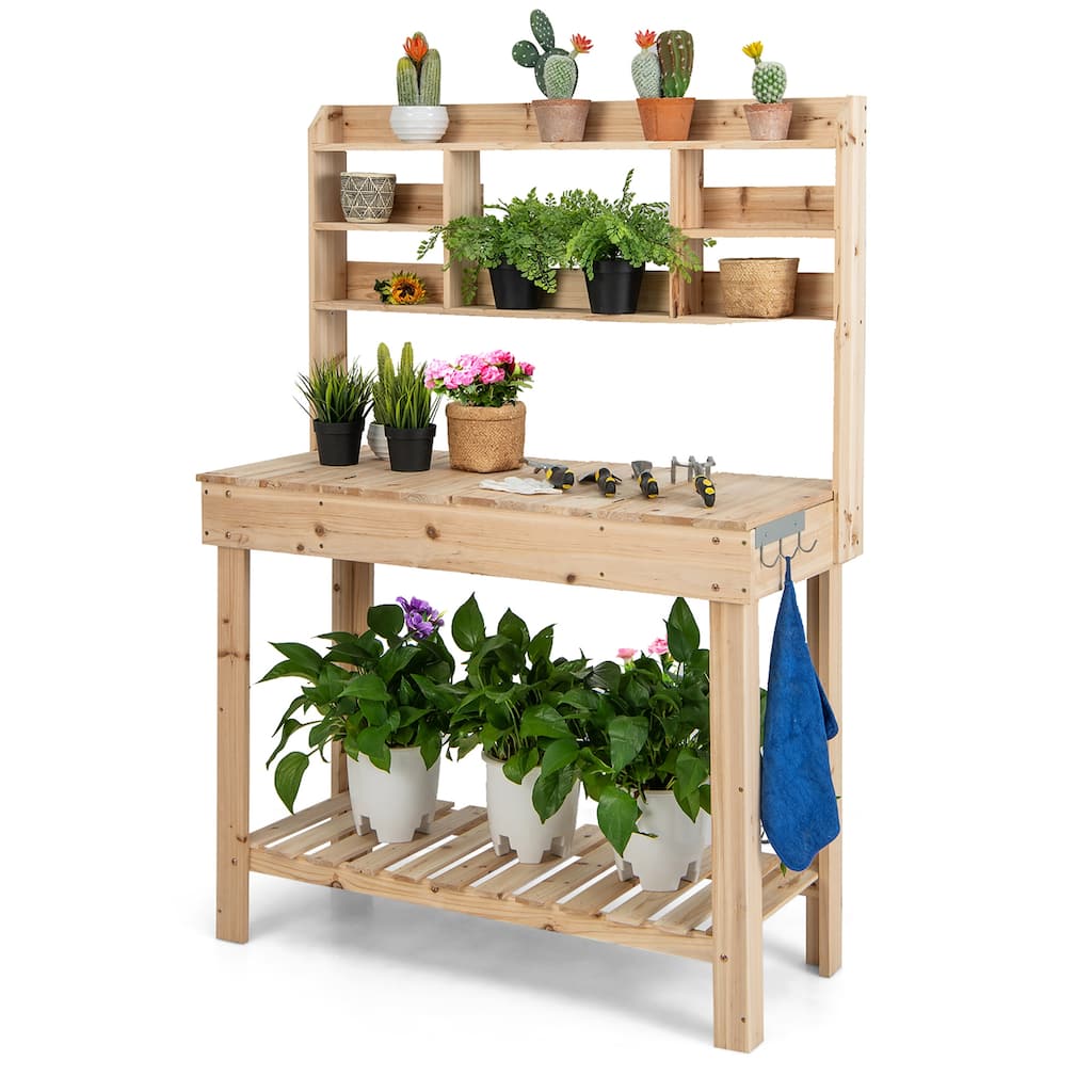 Costway Potting Bench Table Wooden Garden Work Bench Platform with - See Details