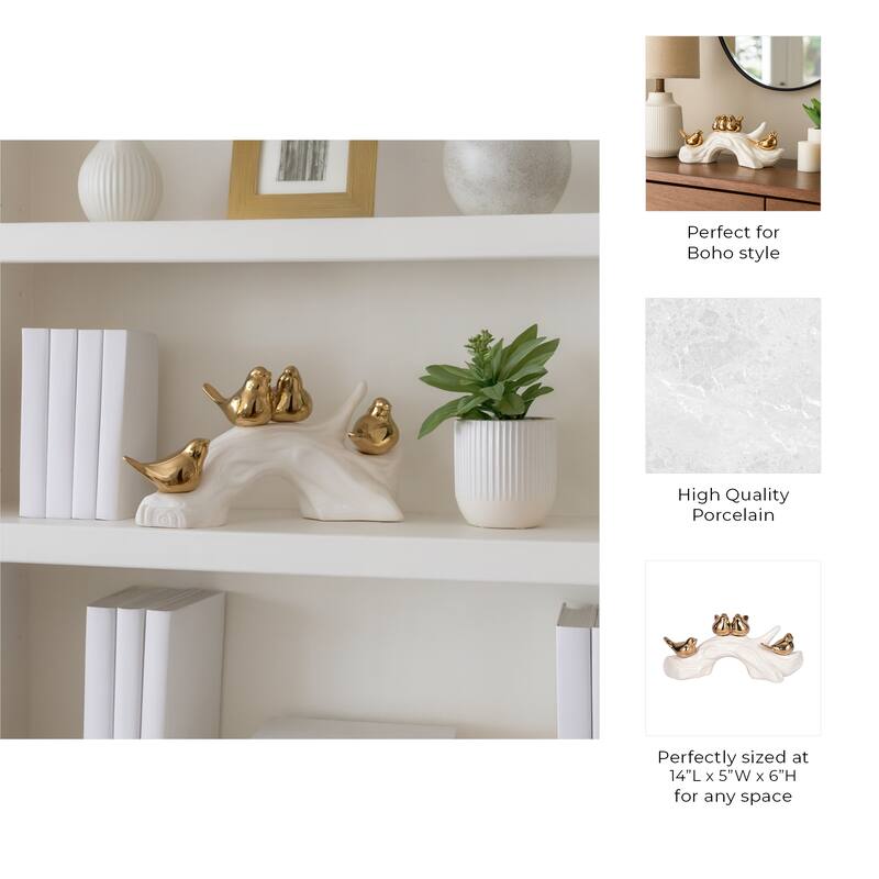 Porcelain Bird Statue with White Branch Base - 14", White & Gold - 14" x 5" x 6"