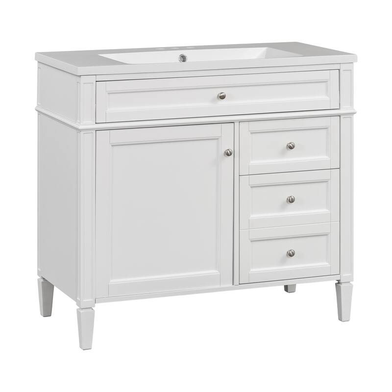 Modern Storage Cabinet Bathroom Vanity with Resin Sink, Tip-out Drawer, 2 Drawers, Side Door Organizer and Adjustable Shelf