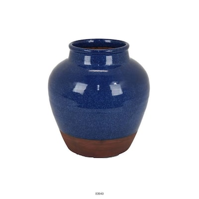 Venny 12 Inch Ceramic Flower Vase, Two Tone Antique Blue and Brown Finish