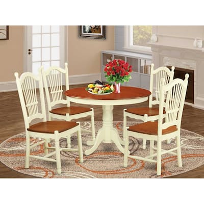 HomeStock 5-Piece Round Buttermilk and Cherry Finish Solid Wood Top Dining table with 4 Chairs with Lattice Back