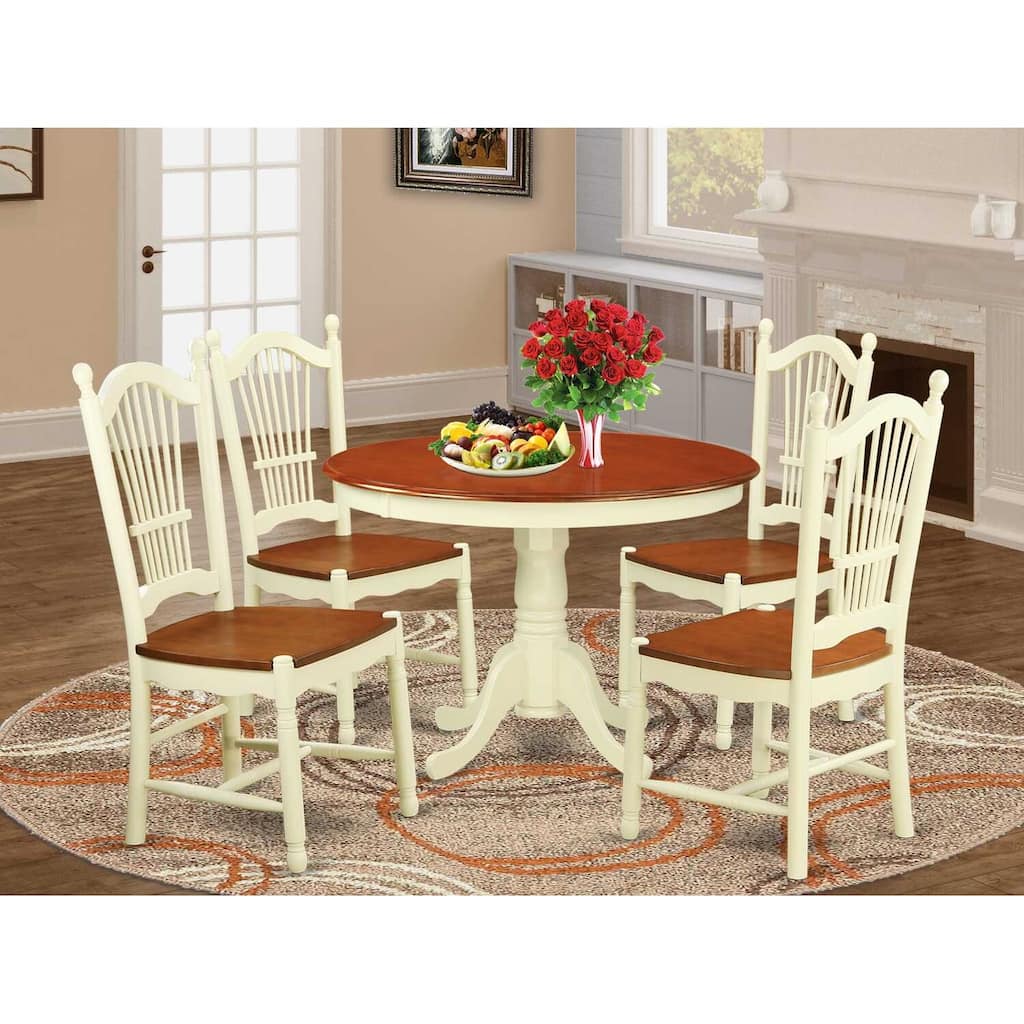 HomeStock 5-Piece Round Buttermilk and Cherry Finish Solid Wood Top Dining table with 4 Chairs with Lattice Back
