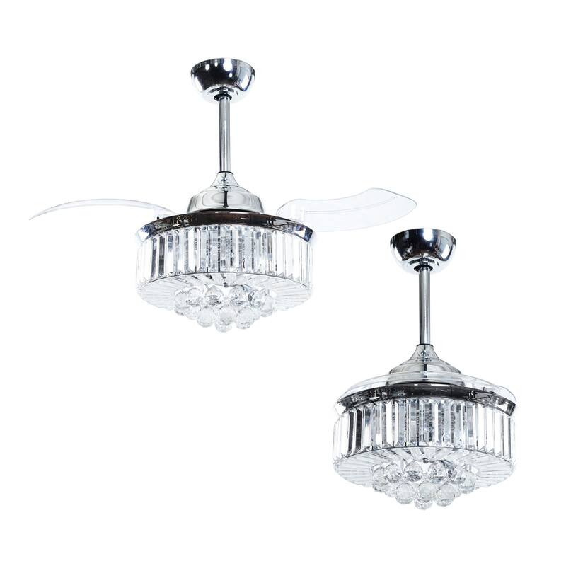 36-inch Chrome Retractable 3-Blade Crystal Ceiling Fan with Remote
