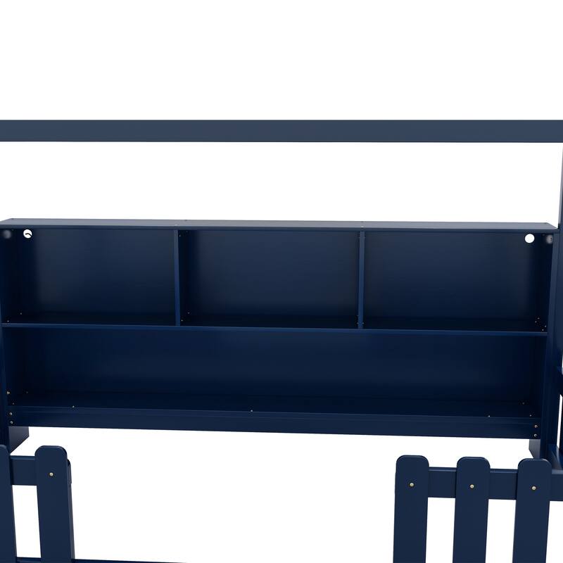 House Bed with LED Storage Bookshelf and Guardrails