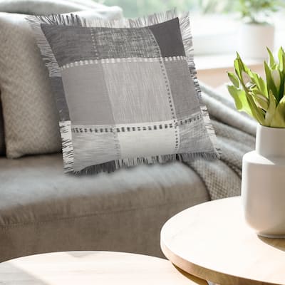 Sevita Monochrome Patchwork Plaid Throw Pillow with Fringe