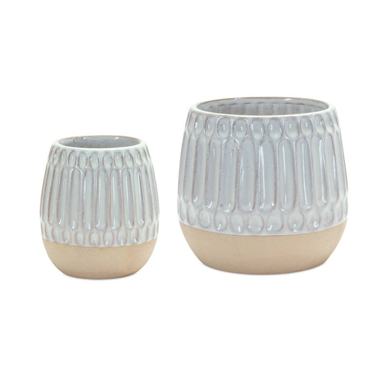 Beige and White Ribbed Porcelain Round Table Vase Set of 2 for Living Room