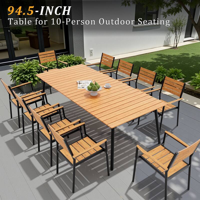 94.5in Outdoor Patio Rectangle Aluminum Wood-Like Dining Table with Umbrella Hole
